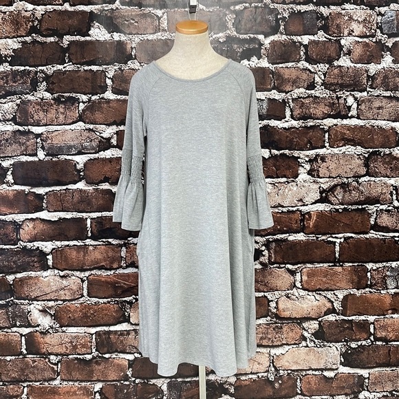 Agnes & Dora Dress NWT T-Shirt Bell Sleeves Gray Round Neck Pockets Size Medium - Picture 1 of 14